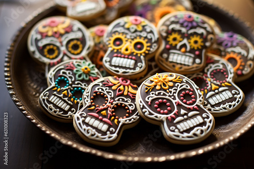 Traditional mexican sugar skull cookies on wooden background. selective focus.