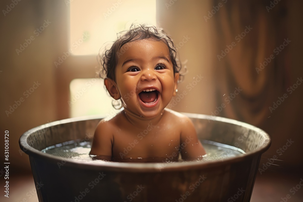 Adorable baby having a fun time in a big wooden tub, A Fictional Character Created by Generated AI.  - obrazy, fototapety, plakaty 