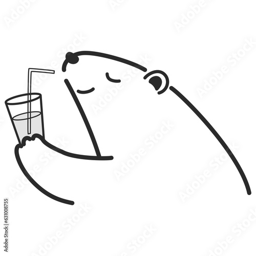 冷たい飲み物を飲むシロクマのイラスト（白黒）