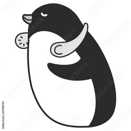 首にかける扇風機（ネックファン）を使うペンギンのイラスト（白黒）