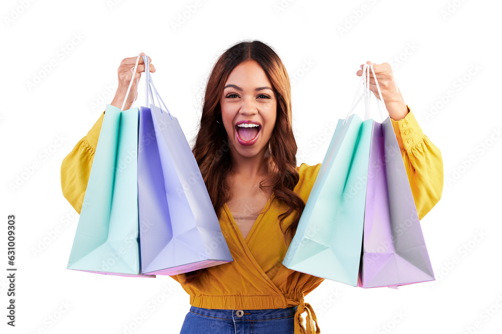 Portrait, sale and happy with woman and shopping bag on png for luxury, boutique or fashion. Cosmetics, deal and store with customer isolated on transparent background for product, excited and retail Portrait, sale and happy with woman and shopping bag on png for luxury, boutique or fashion. Cosmetics, deal and store with customer isolated on transparent background for product, excited and retail