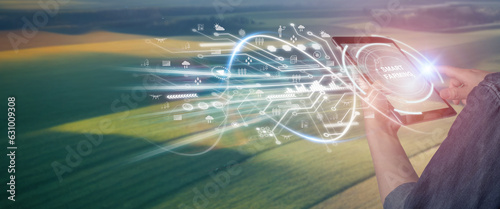 Smart farming ,agriculture concept, farmer use data augmented mixed virtual reality integrate artificial intelligence combine deep, machine learning, digital twin, 5G, industry 4.0 technology.