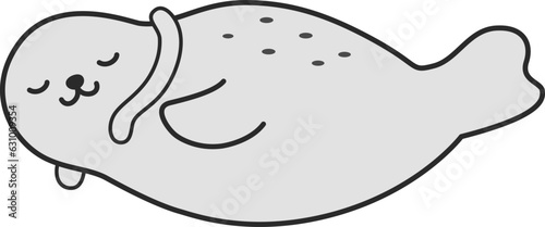 クールネックリングを付けるアザラシのイラスト（白黒）