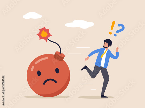 Running away from negative emotions concept. Stressful burden, anxiety or negative thinking, anger or emotional cause of problem, mental health or depression. Businessman running away from depression.