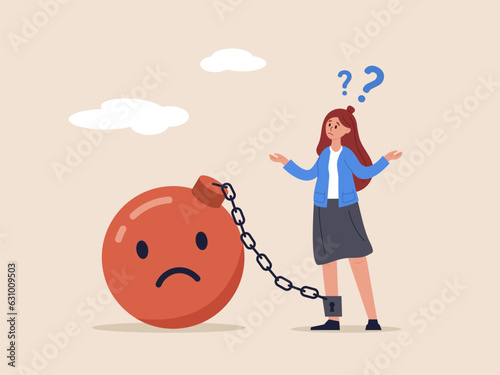 Stressed burden. Mental health or depression, overworked or overwhelmed concept. Anxiety or negative thinking, anger or emotional causing problem, depressed businesswoman chain with sad face burden.