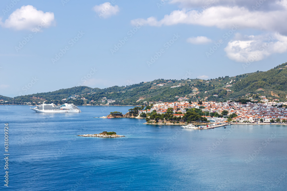 Skiathos town with cruise ship vacation at the Mediterranean Sea Aegean island in Greece