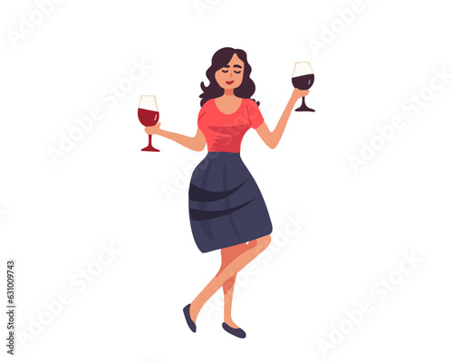 Dancing woman with two glasses of alcohol in her hand isolated on white background, vector illustration