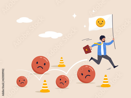 Running away from negative emotions concept. Stressful burden, anxiety or negative thinking, anger or emotional cause of problem, mental health or depression. Businessman running away from depression.