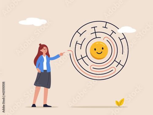 Optimism concept. Finding happiness, positive thinking or emotion intelligence, solution to searching for happiness, frustrated woman find the way to happy smile in the middle of labyrinth puzzle.