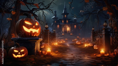 Mysterious castle in dark forest with Halloween pumpkin