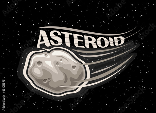 Vector illustration of Asteroid, horizontal astronomical poster with shooting rock asteroid, line art cosmo print with futuristic meteor in deep space and grey text asteroid on black starry background