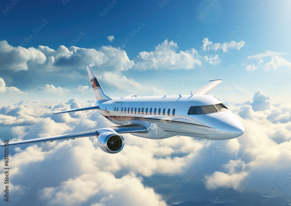 Fototapeta premium Commercial airplane flying above clouds with blue sky.