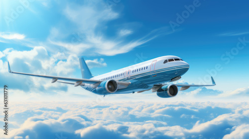 Commercial airplane flying above clouds with blue sky.