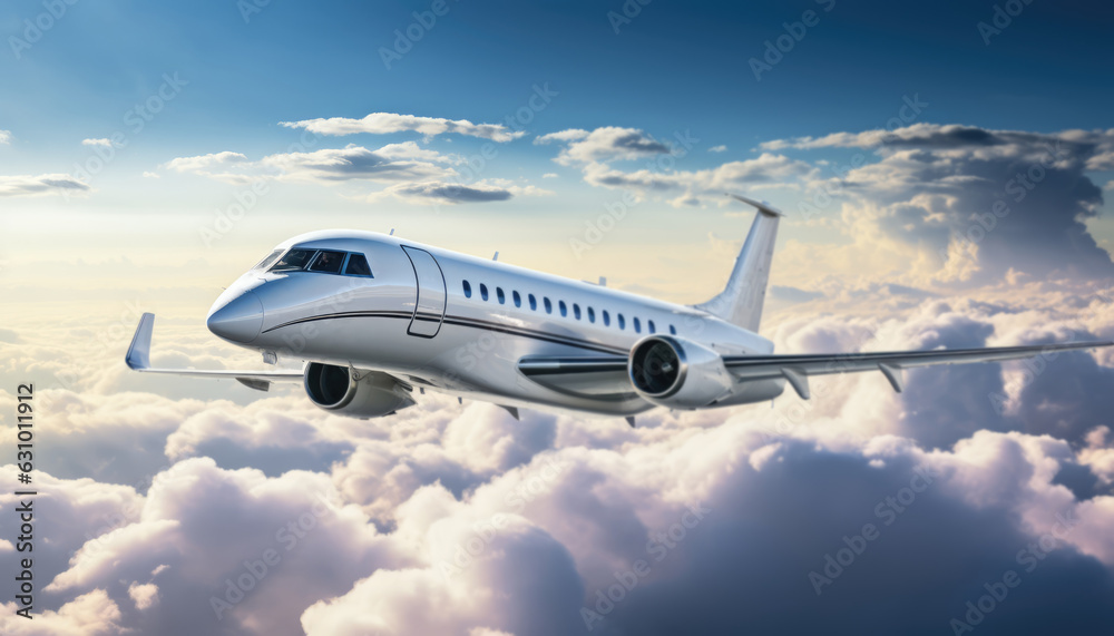 Commercial airplane flying above clouds with blue sky. Commercial airplane flying above clouds with blue sky.