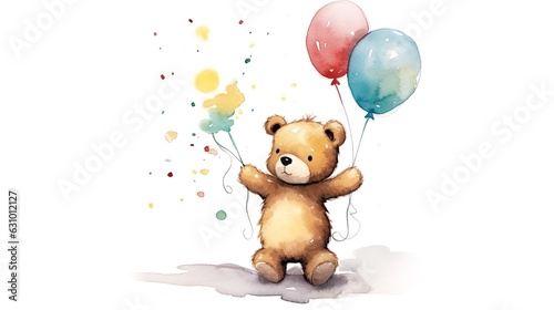 Cute cartoon teddy bear with balloons in watercolor style. Isolated Generative AI