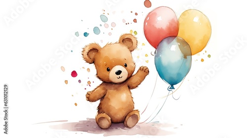 Cute cartoon teddy bear with balloons in watercolor style. Isolated Generative AI