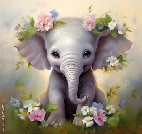 Watercolor style illustration of happy baby elephant in flower blossom garden, idea for home wall decor, kid room, Generative AI.