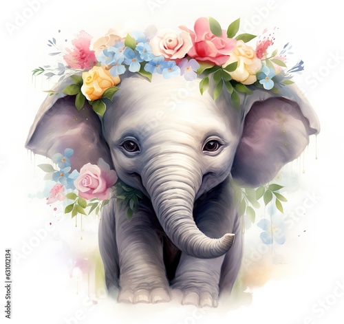Watercolor style illustration of happy baby elephant in flower blossom garden, idea for home wall decor, kid room, Generative AI.
