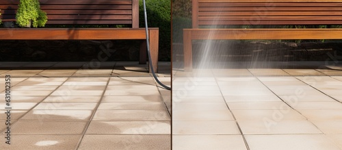 Close-up view of a patio before and after being cleaned using a high-pressure water jet washer. The