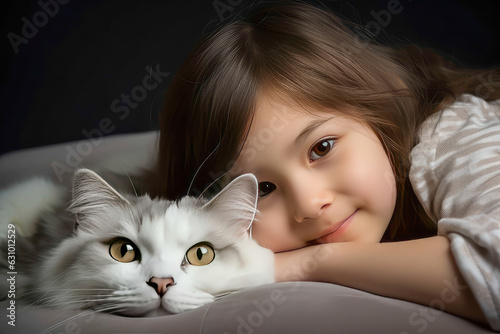adorable girl and her fluffy cat  lying on bed. Generative AI