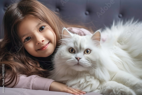 adorable girl and her fluffy cat lying on bed. Generative AI