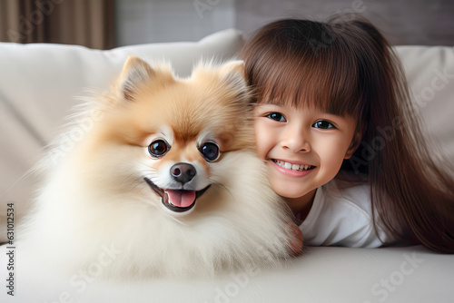 adorable girl and her fluffy Pomeranian lying on bed. Generative AI