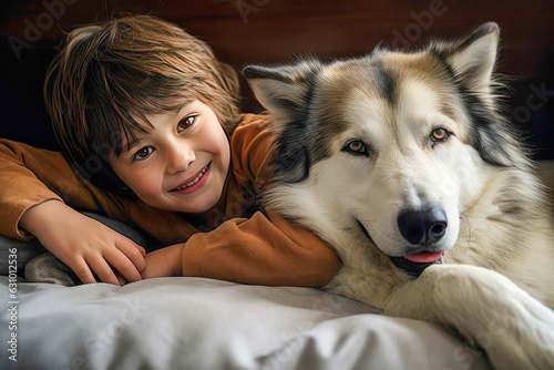 cute boy lying in bed with siberian husky dog. Generative AI