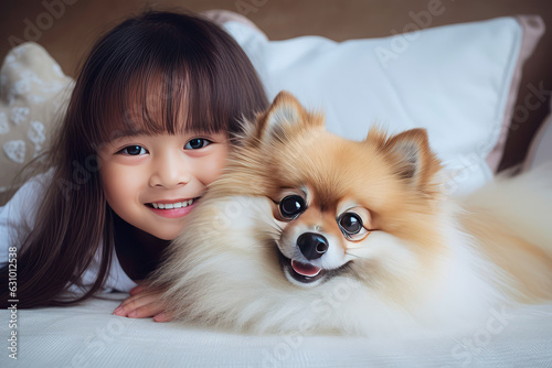 adorable girl and her fluffy Pomeranian lying on bed. Generative AI