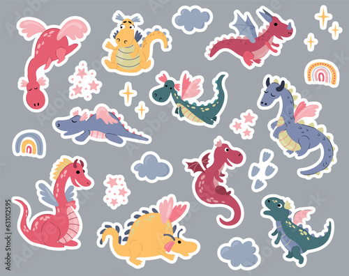 Set of cute hand drawn dragons stickers.