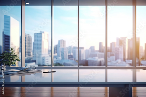 Blurred Office interior room background with modern design in working hours  indoor building of workplace of workspace  panoramic view through glass windows  with Generative Ai.