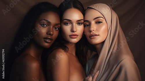 A diverse group of beautiful women with natural beauty and glowing smooth skin. Portrait of many attractive female fashion models with great skincare of all races, tones and style. photo