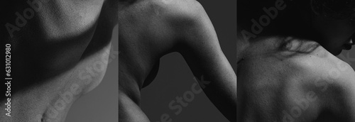 Creative vision on tender female body. Monochrome photography. Different female parts of body, back, hand and belly. Concept of body art, aesthetics, skin and body care, sensuality. Banner, wallpaper photo