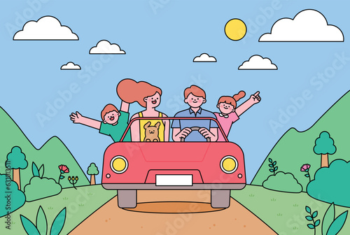 car driving holiday trip. Cute family is traveling by car on nature background.