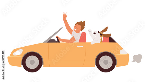 car driving holiday trip. A man and a dog are going on a road trip in a convertible.