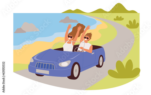 car driving holiday trip. A couple is driving down a coastal road in a convertible.