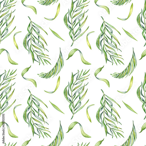 Palm leaves of acai tree watercolor seamless pattern isolated on white. Green brunch of tropical palm  exotic leaf hand drawn. Design element for wrapping  packaging  textile  background  paper