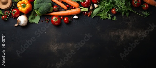 Fresh vegetables and ingredients for cooking are showcased in a top view with a dark background, representing
