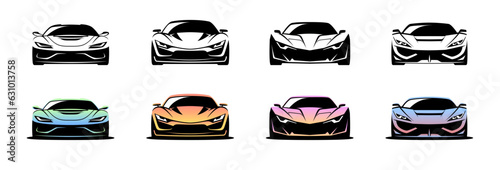Sports car logo icon set on white background. Premium motor vehicle dealership emblems. Auto silhouette garage symbols. Vector illustration