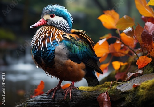A colorful mandarin duck stands on some rocks. © Ramon Grosso