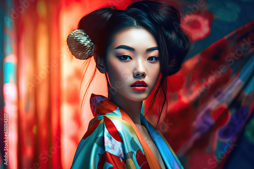 High Korean Fashion model woman in colorful bright lights posing in studio, portrait of beautiful sexy female with trendy make-up. Art design, colorful make up.
