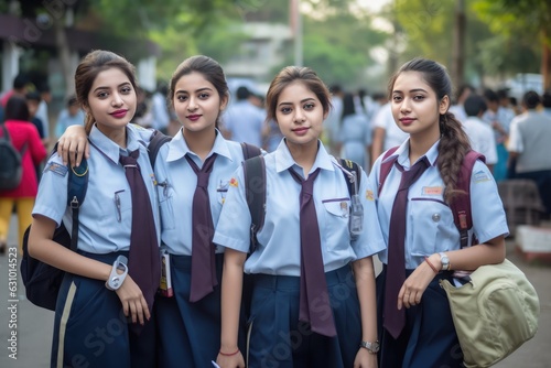 Five beautiful school girls in uniform, possibly from a private school, pose together for a picture.