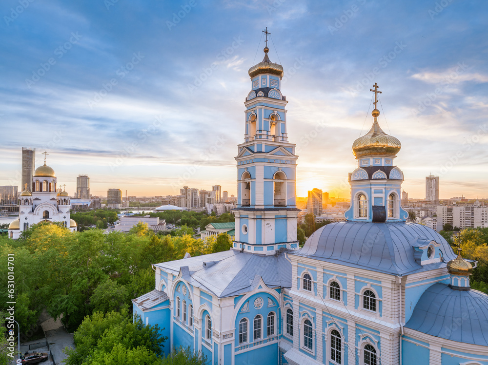 Summer Yekaterinburg, Temple of the Ascension and Temple on Blood in beautiful clear sunset.