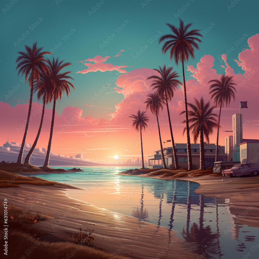 Retro 80s sunsets with palm trees for t-shirt design
Retro 80s sunsets with palm trees for t-shirt design