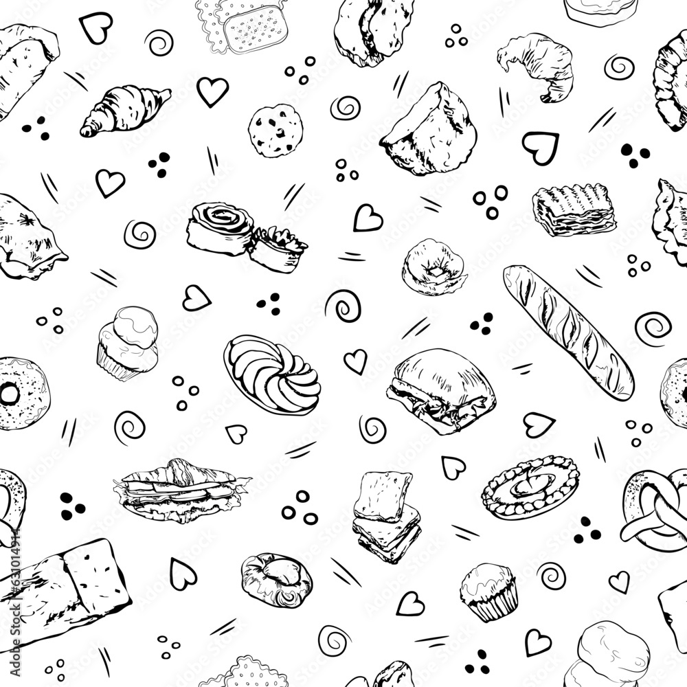 Bakery items black and white pattern with doodle elements