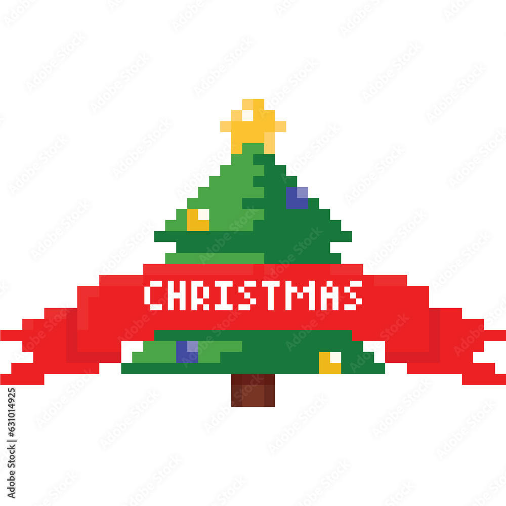 Pixel art christmas tree with red ribbon