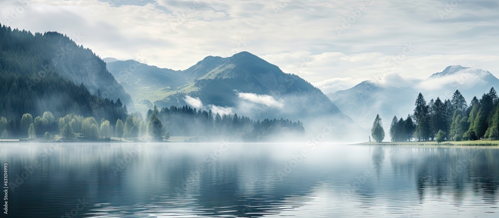 The fog is present above Lake Bluntausee in front of the Alps mountains in Salzburger Land, Austria,