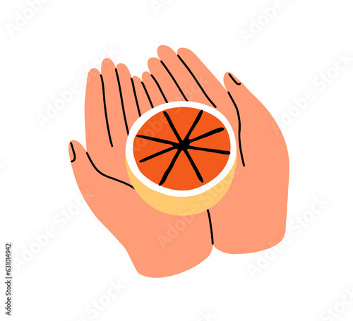 Hands holding grapefruit, cut half. Healthy fresh ripe fruit, natural vitamin summer food, exotic tropical juicy eating on palms. Flat vector illustration isolated on white background