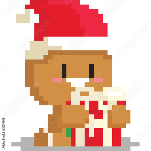 Pixel art cute ginger bread man hug his present box