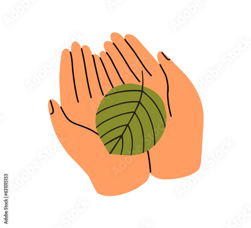 Hand holding green tree leaf. Fresh plant on palms. Eco environment care, ecology, nature protection, sustainability concept. Flat graphic vector illustration isolated on white background