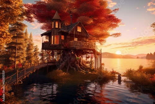view of tree house on lake with sunset beauty. generative ai © LivroomStudio